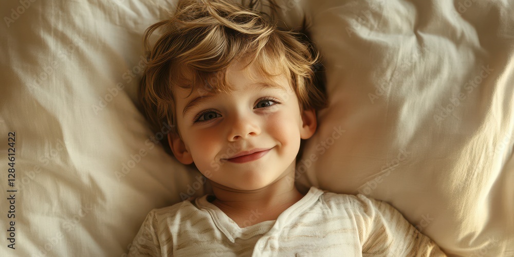Smiling young boy lying on soft pillows in a cozy bedroom during the day Smiling young boy lying on soft pillows in a cozy bedroom during the day