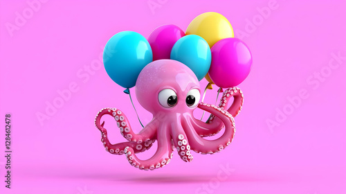 Pink Cartoon Octopus with Colorful Balloons on Pink Background