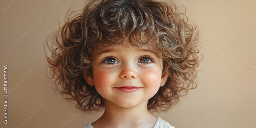 Bright smile of a cheerful child with curly hair against a soft background showcasing innocence and joy Bright smile of a cheerful child with curly hair against a soft background showcasing innocence and joy