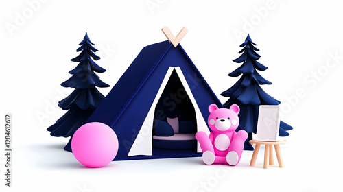 Pink Teddy Bear in a Blue Tent 3D Render