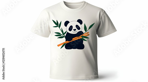 Pixel Art Panda on an Off White T-Shirt with Bamboo