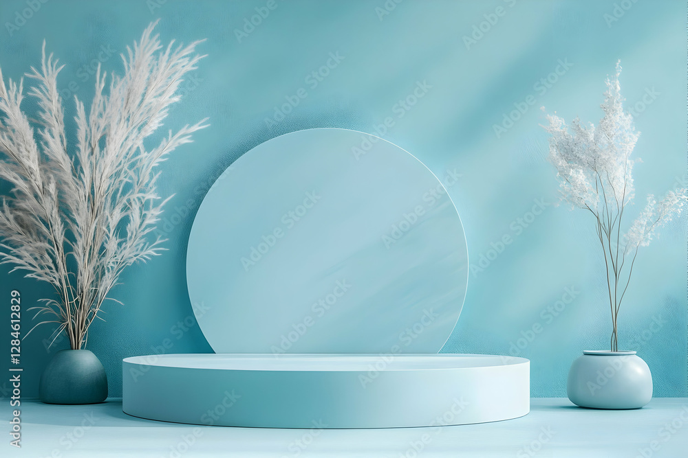 Single light blue circular podium set on a matching light blue background for a cohesive look Single light blue circular podium set on a matching light blue background for a cohesive look