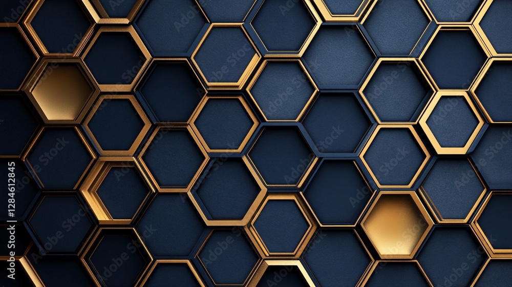 Geometric hexagons in metallic gold and deep navy plain background Geometric hexagons in metallic gold and deep navy plain background