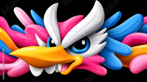 Playful Cartoon Bird with Vibrant Pink Blue and Yellow Feathers