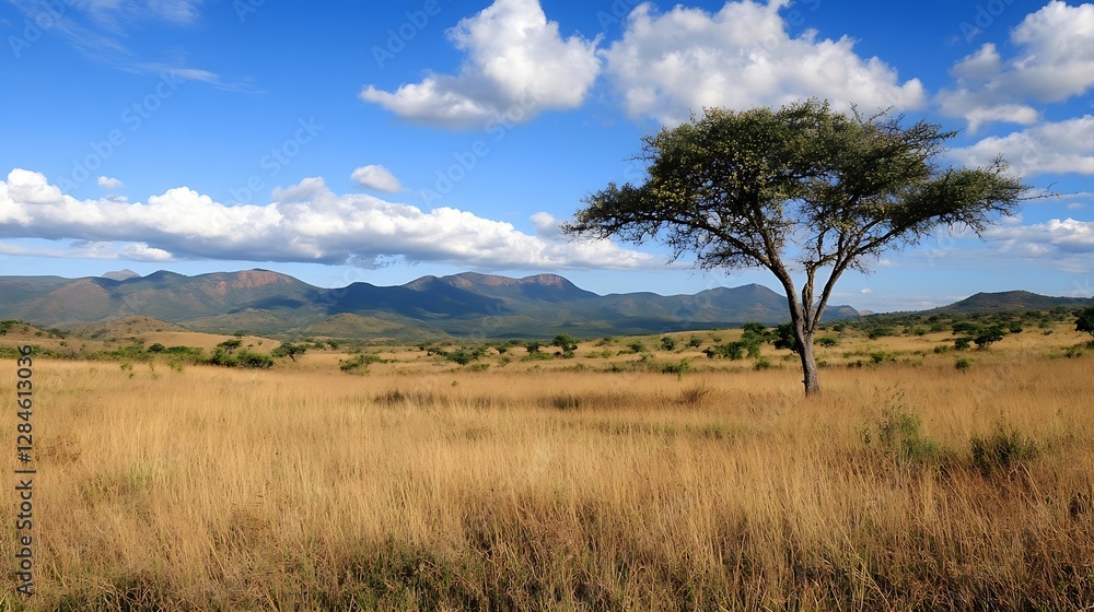 Expansive view of a lush landscape featuring a solitary tree set against a backdrop of mountains and blue skies : Generative AI Expansive view of a lush landscape featuring a solitary tree set against a backdrop of mountains and blue skies : Generative AI