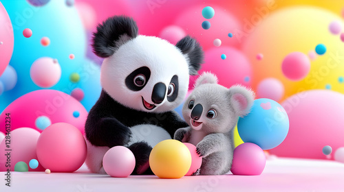 Playful Panda and Koala with Pastel Balloons