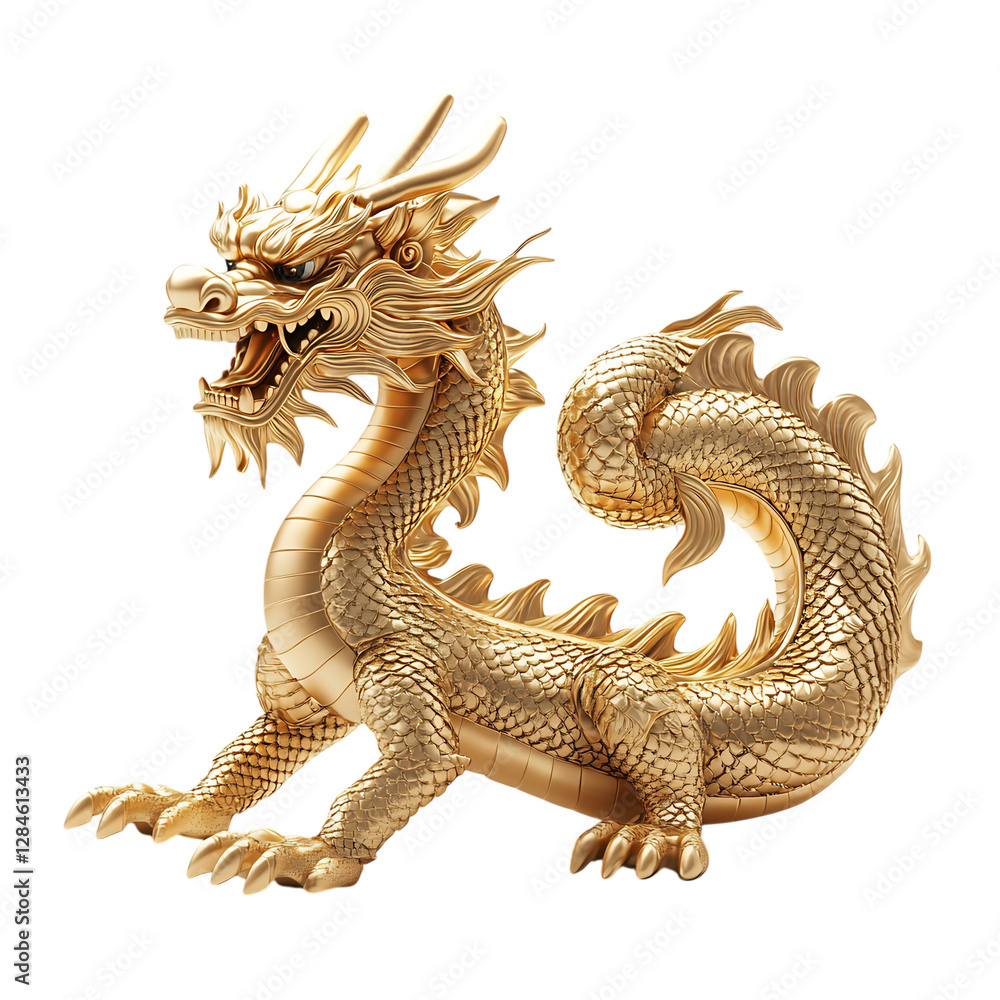 Obraz premium Golden Dragon Statue with Intricate Detailing Isolated on Transparent Background