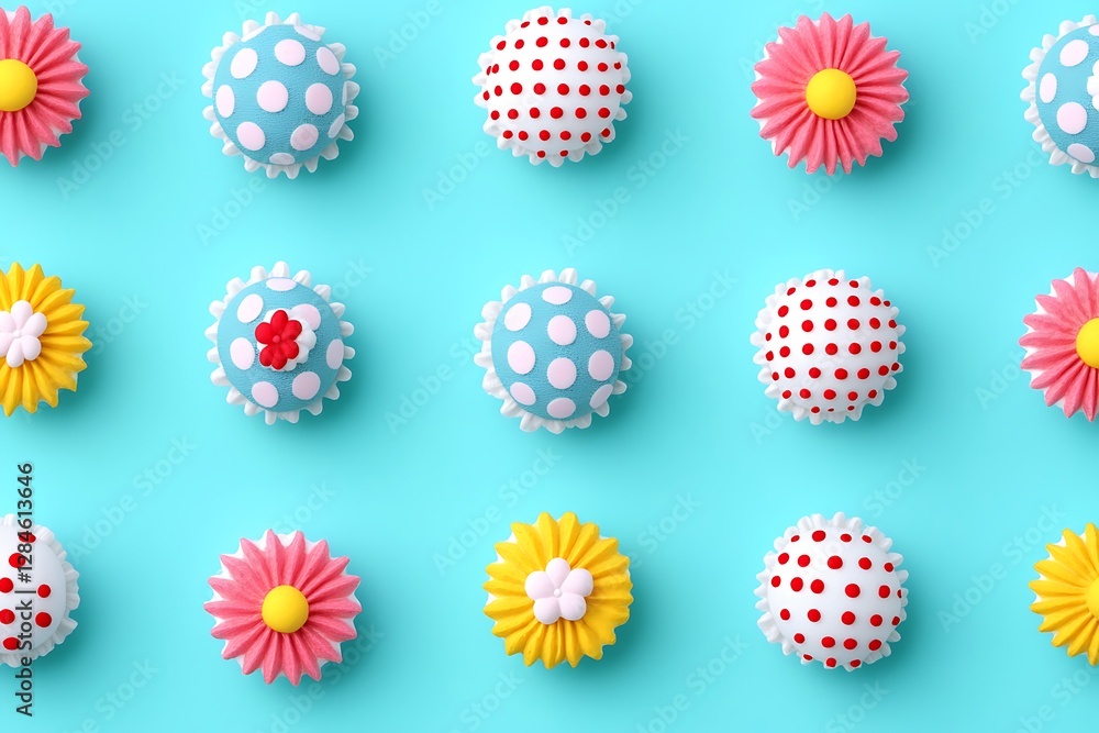 An overhead view of various cupcakes arranged symmetrically in a grid An overhead view of various cupcakes arranged symmetrically in a grid