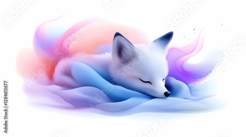 Sleeping Baby Fox in Pastel Watercolor Clouds