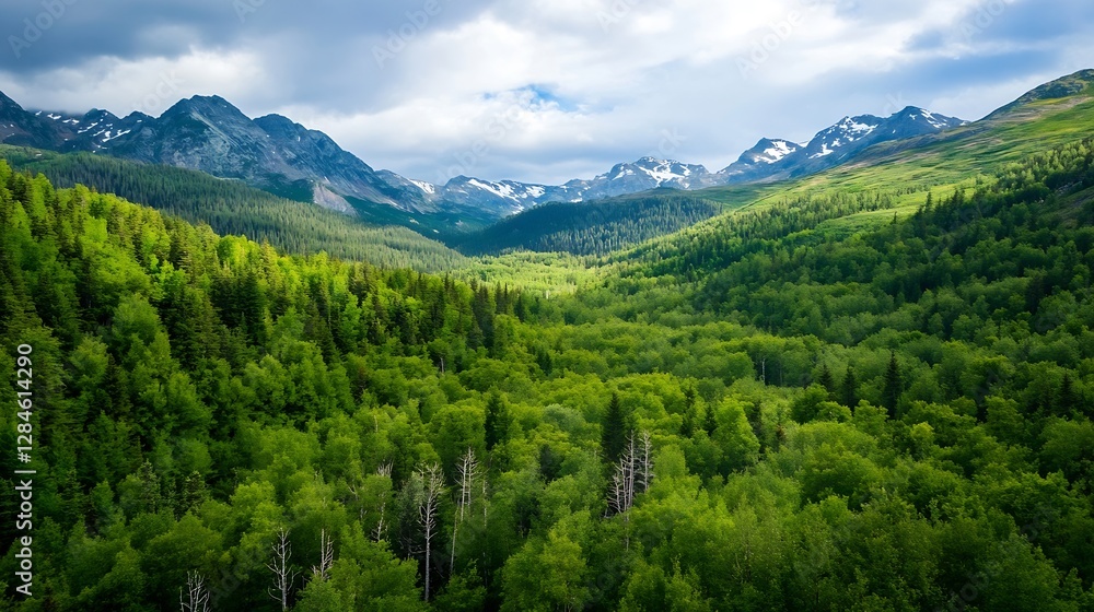 Obraz premium Aerial view of lush green forest mountains under a beautiful cloudy sky backdrop : Generative AI