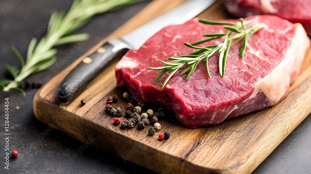 Fresh raw steak garnished with herbs placed on a wooden cutting board with spices : Generative AI Fresh raw steak garnished with herbs placed on a wooden cutting board with spices : Generative AI