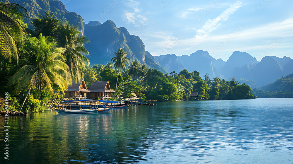 Fototapeta premium Beautiful waterfront view with majestic mountains peaceful lake scenery and breath taking natural landscape.