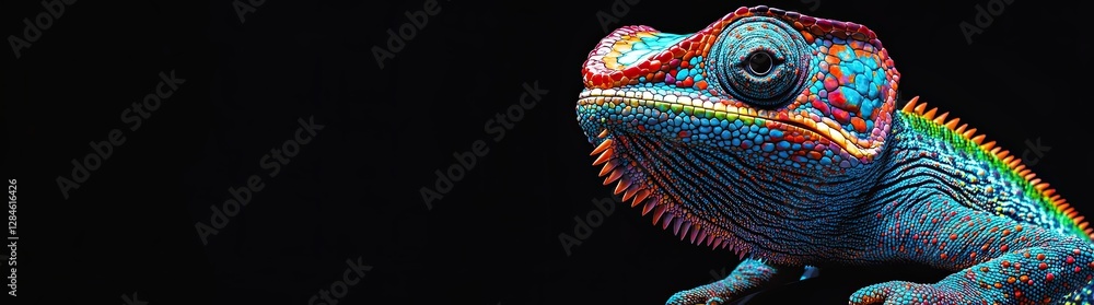 Fototapeta premium image of a whimsical chameleon illustrated against a dark backdrop