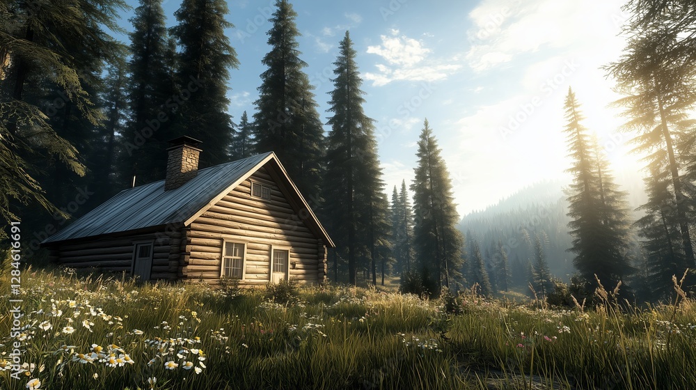 A cozy wooden cabin with a slanted roof, surrounded by tall pine trees and wildflowers A cozy wooden cabin with a slanted roof, surrounded by tall pine trees and wildflowers