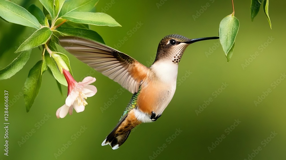 Naklejka premium A hummingbird hovering near swinging flower leaves, collecting nectar