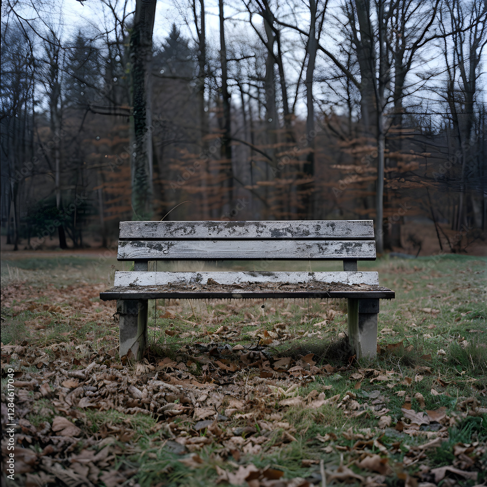 Lonely Abandoned Wooden Bench in Overgrown Park Reflecting Passage of Time and Isolation
