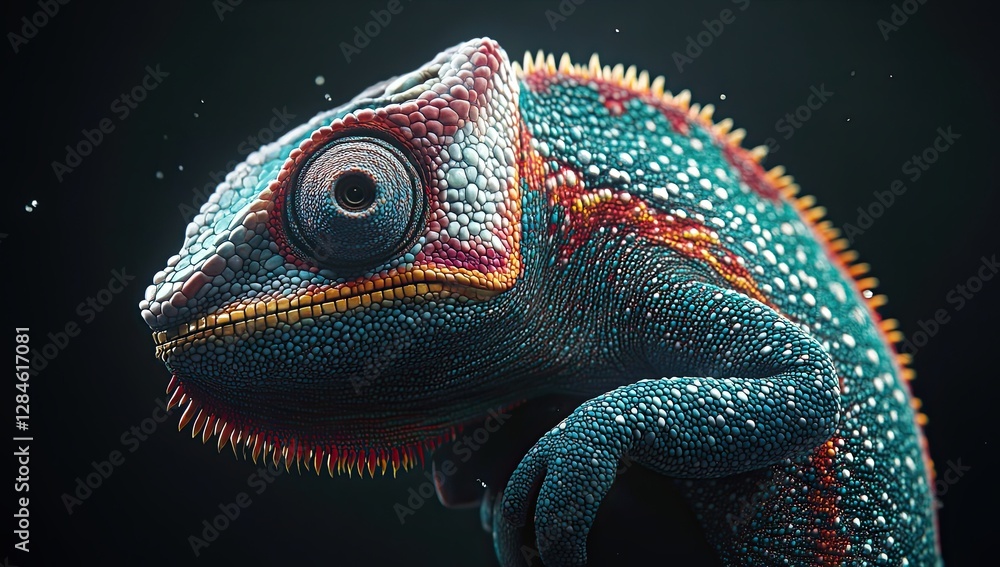 A red-green chameleon is shown in a close-up, looking at the camera from the side on a black background A red-green chameleon is shown in a close-up, looking at the camera from the side on a black background