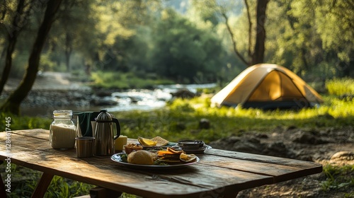 Enjoying a Peaceful Riverside Picnic at a Campsite Surrounded by Lush Greenery During a Sunny Afternoon in Nature