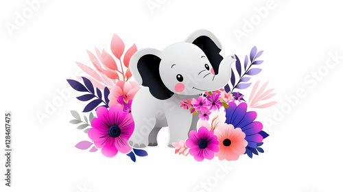 Whimsical Baby Elephant with Pink and Purple Flowers