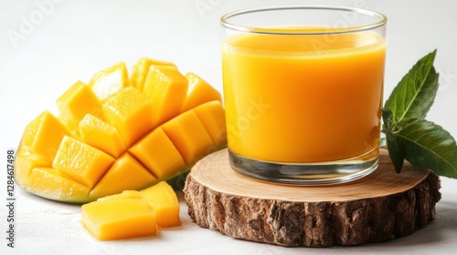 Fresh Mango Juice and Slices on Wooden Slice, Studio photo