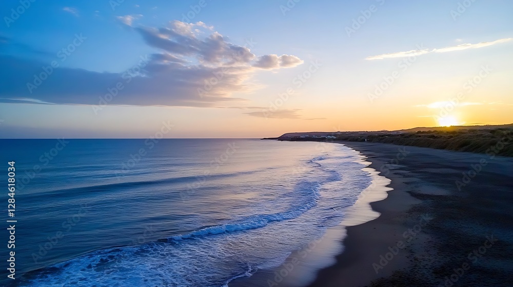 Tranquil Sunset Beach Landscape with Gentle Waves and Vibrant Sky Colors at Dusk : Generative AI