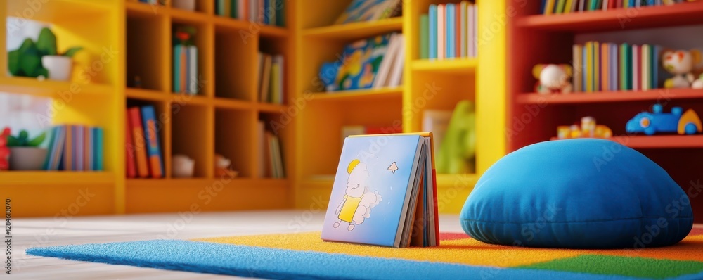 Cozy children's reading nook with colorful bookshelves and soft blue cushion Cozy children's reading nook with colorful bookshelves and soft blue cushion