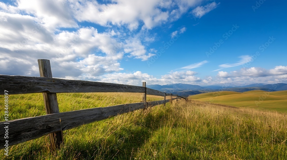 Vast green fields under a sunny sky with fluffy clouds and a wooden fence in the foreground : Generative AI Vast green fields under a sunny sky with fluffy clouds and a wooden fence in the foreground : Generative AI