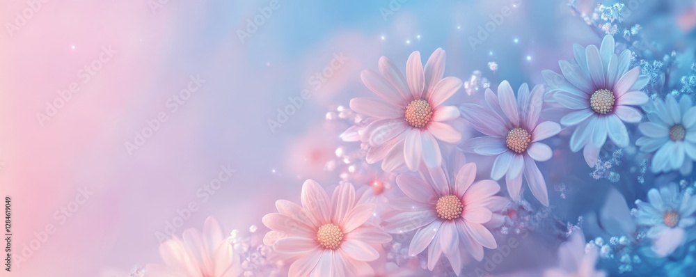 Beautiful pastel daisies with soft focus and dreamy background in pink and blue Beautiful pastel daisies with soft focus and dreamy background in pink and blue
