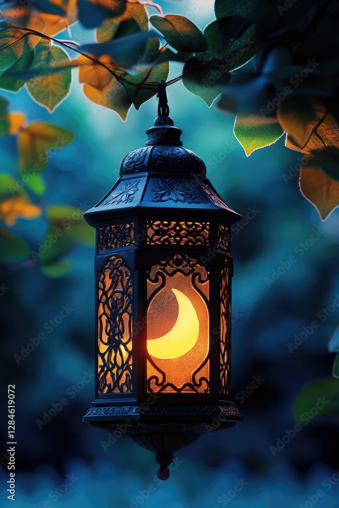Handmade lantern with illuminated moon and star motif, hanging in a forest at night. Handmade lantern with illuminated moon and star motif, hanging in a forest at night.