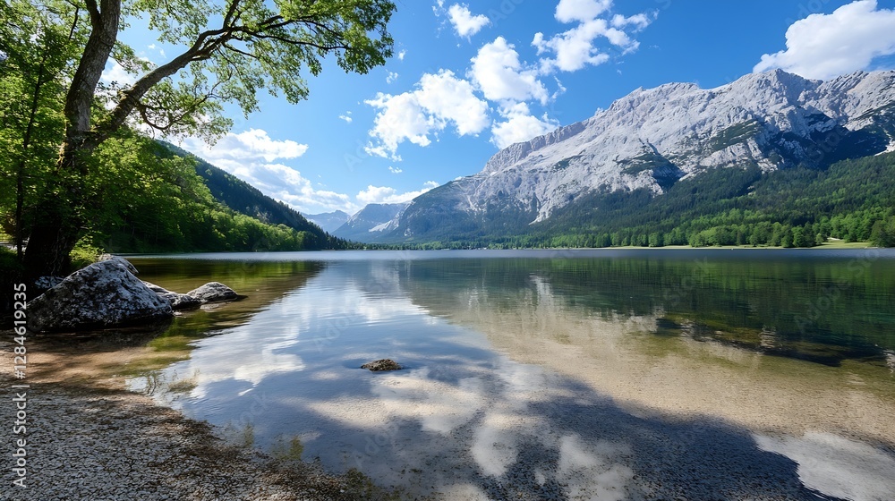 Scenic lakeside view with clear reflections of mountains and lush trees under a blue sky : Generative AI Scenic lakeside view with clear reflections of mountains and lush trees under a blue sky : Generative AI