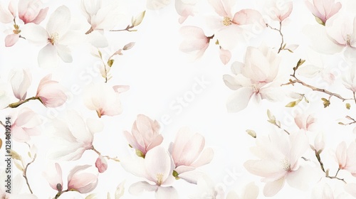 Delicate magnolia blossoms dance in soft pink and white hues, embodying timeless elegance in a peaceful botanical illustration