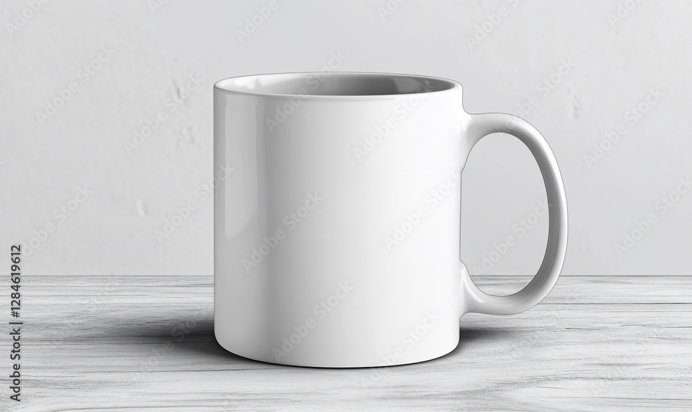 Fototapeta premium White Ceramic Mug on Wooden Table Against White Wall