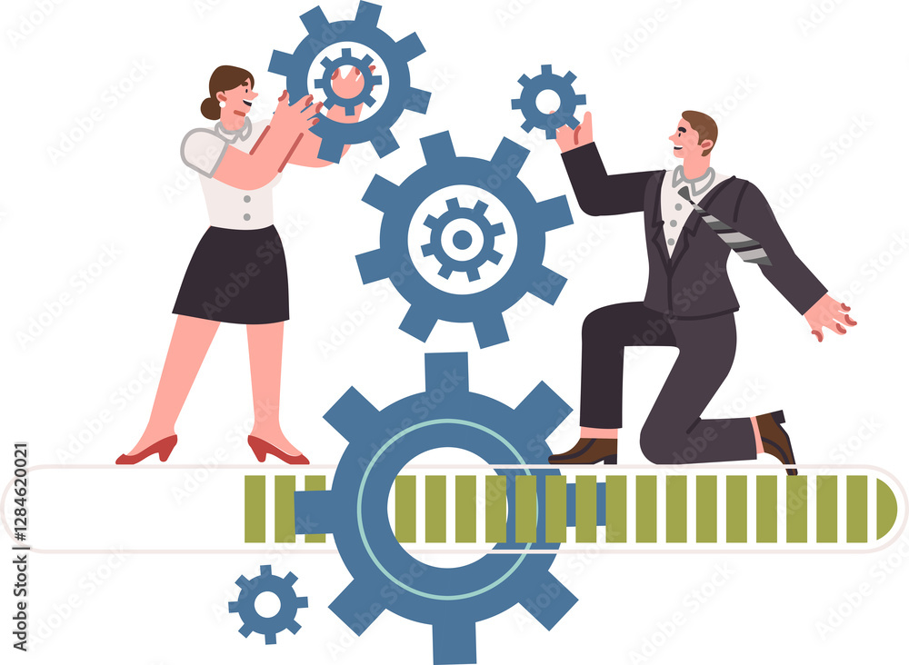 Project management from two managers working together to improve production process standing on loading lane. Business people connect gears to modernize synergy project management.