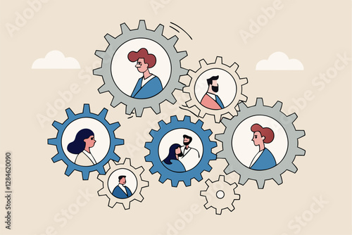 Team or organization, office role or job position or skills to drive company, teamwork or collaboration for success, team effort concept, business people working to rotate connected cogwheels gear.