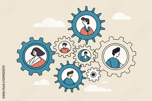 Team or organization, office role or job position or skills to drive company, teamwork or collaboration for success, team effort concept, business people working to rotate connected cogwheels gear.