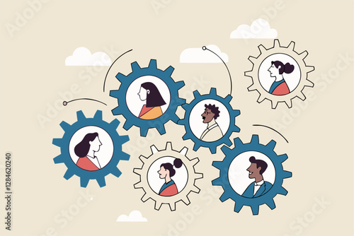 Team or organization, office role or job position or skills to drive company, teamwork or collaboration for success, team effort concept, business people working to rotate connected cogwheels gear.