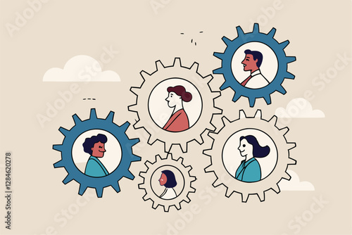 Team or organization, office role or job position or skills to drive company, teamwork or collaboration for success, team effort concept, business people working to rotate connected cogwheels gear.