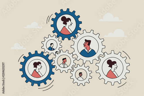 Team or organization, office role or job position or skills to drive company, teamwork or collaboration for success, team effort concept, business people working to rotate connected cogwheels gear.
