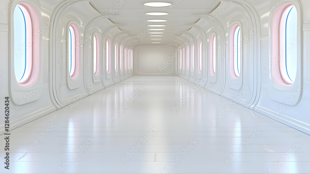 Fototapeta premium Futuristic white corridor, glowing lights, empty space, architectural design, background for science fiction