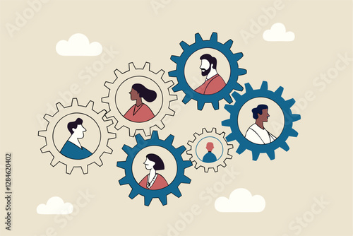 Team or organization, office role or job position or skills to drive company, teamwork or collaboration for success, team effort concept, business people working to rotate connected cogwheels gear.
