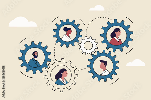 Team or organization, office role or job position or skills to drive company, teamwork or collaboration for success, team effort concept, business people working to rotate connected cogwheels gear.