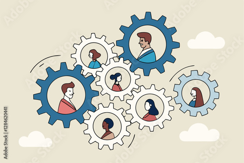 Team or organization, office role or job position or skills to drive company, teamwork or collaboration for success, team effort concept, business people working to rotate connected cogwheels gear.