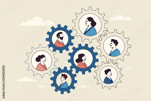 Team or organization, office role or job position or skills to drive company, teamwork or collaboration for success, team effort concept, business people working to rotate connected cogwheels gear.