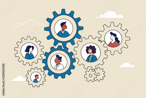 Team or organization, office role or job position or skills to drive company, teamwork or collaboration for success, team effort concept, business people working to rotate connected cogwheels gear.
