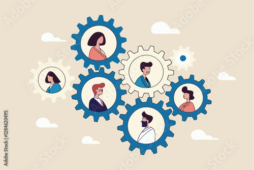 Team or organization, office role or job position or skills to drive company, teamwork or collaboration for success, team effort concept, business people working to rotate connected cogwheels gear.