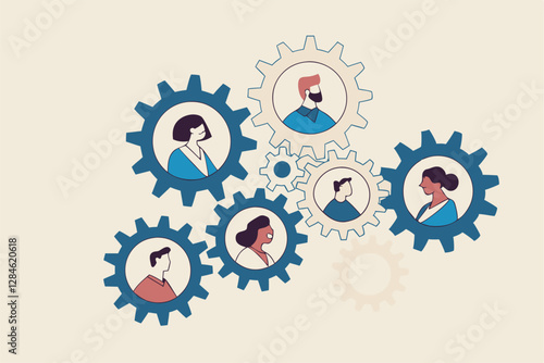 Team or organization, office role or job position or skills to drive company, teamwork or collaboration for success, team effort concept, business people working to rotate connected cogwheels gear.