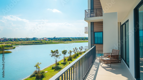Building balcony overlooking serene waters with a tranquil view peaceful ambiance and scenic waterfront landscape.