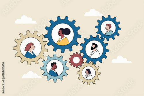 Team or organization, office role or job position or skills to drive company, teamwork or collaboration for success, team effort concept, business people working to rotate connected cogwheels gear.