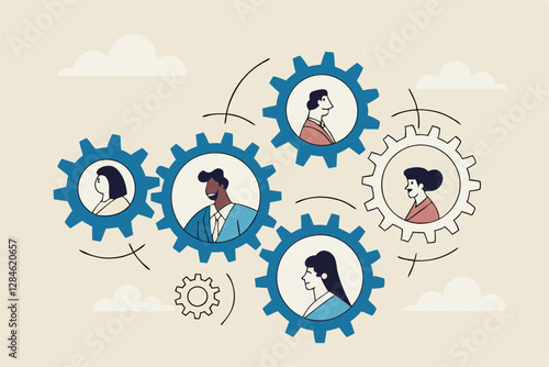 Team or organization, office role or job position or skills to drive company, teamwork or collaboration for success, team effort concept, business people working to rotate connected cogwheels gear.