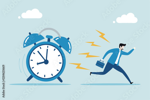 Late, hurry to go to work, rushing or running fast before deadline, speed or busy job, pressure or challenge to finish work in time, urgency concept, frustrated businessman hurry running to work late.